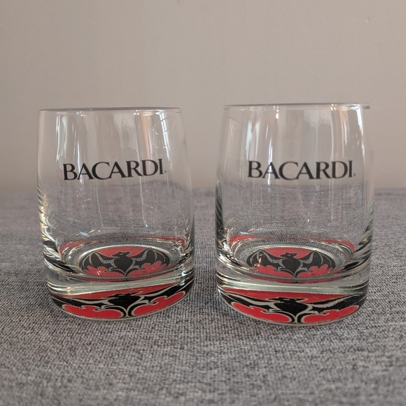 Other - Bacardi Lowball Glasses with Red and Black Bat Logo on Bottom, Set of 2